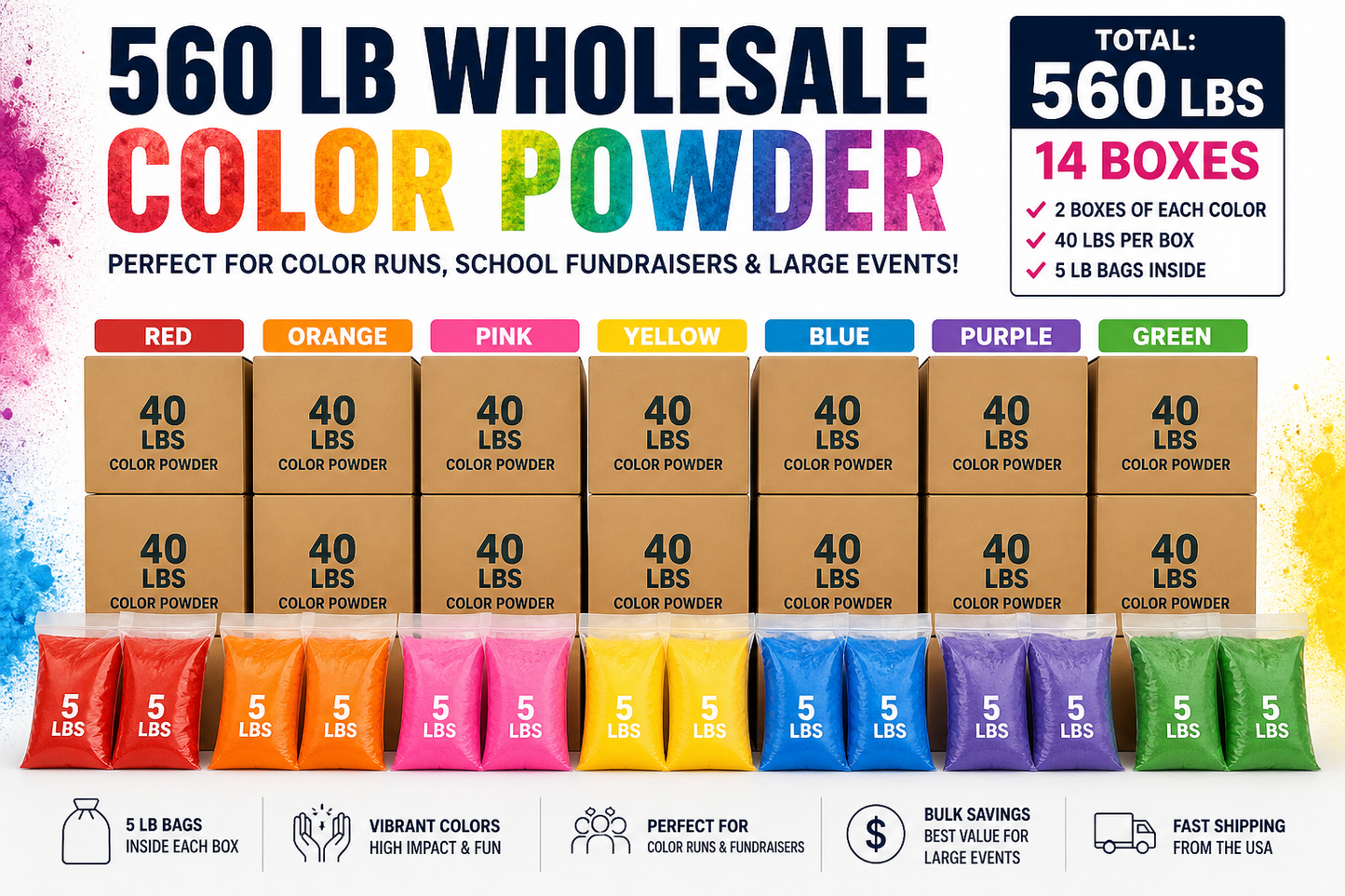560 lb Wholesale Color Powder for Color Runs & School Fundraisers