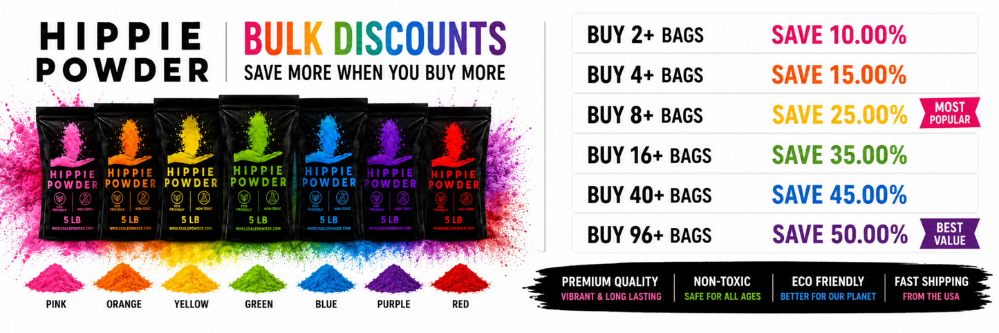 Promotional banner for Hippie Powder with colorful packaging and bulk discount information.