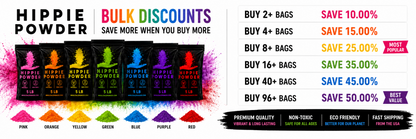 Promotional banner for Hippie Powder with colorful packaging and bulk discount information.